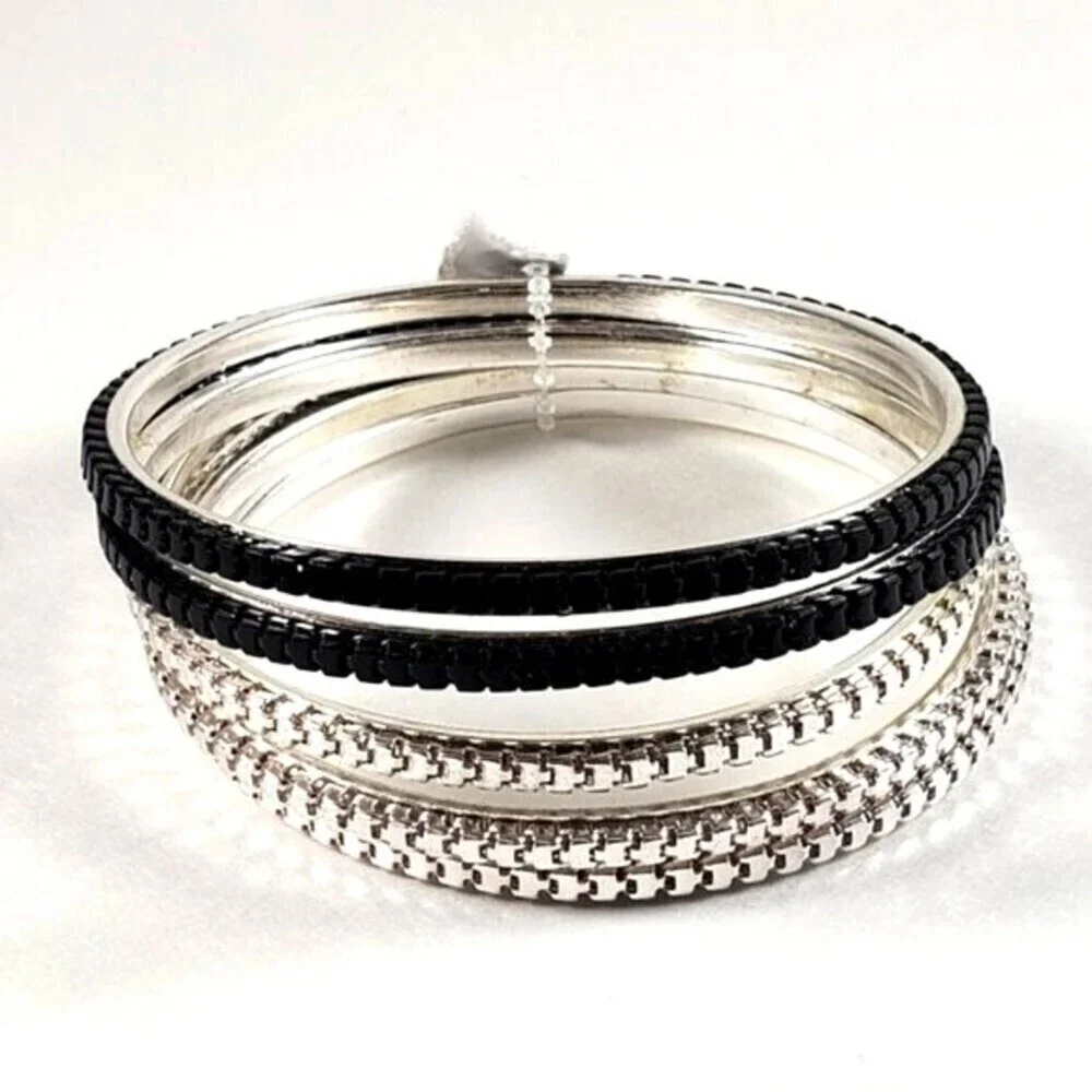 Set of 5 Silver-tone & Black Dainty Bangle Bracelets - Women's Fashion Jewelry